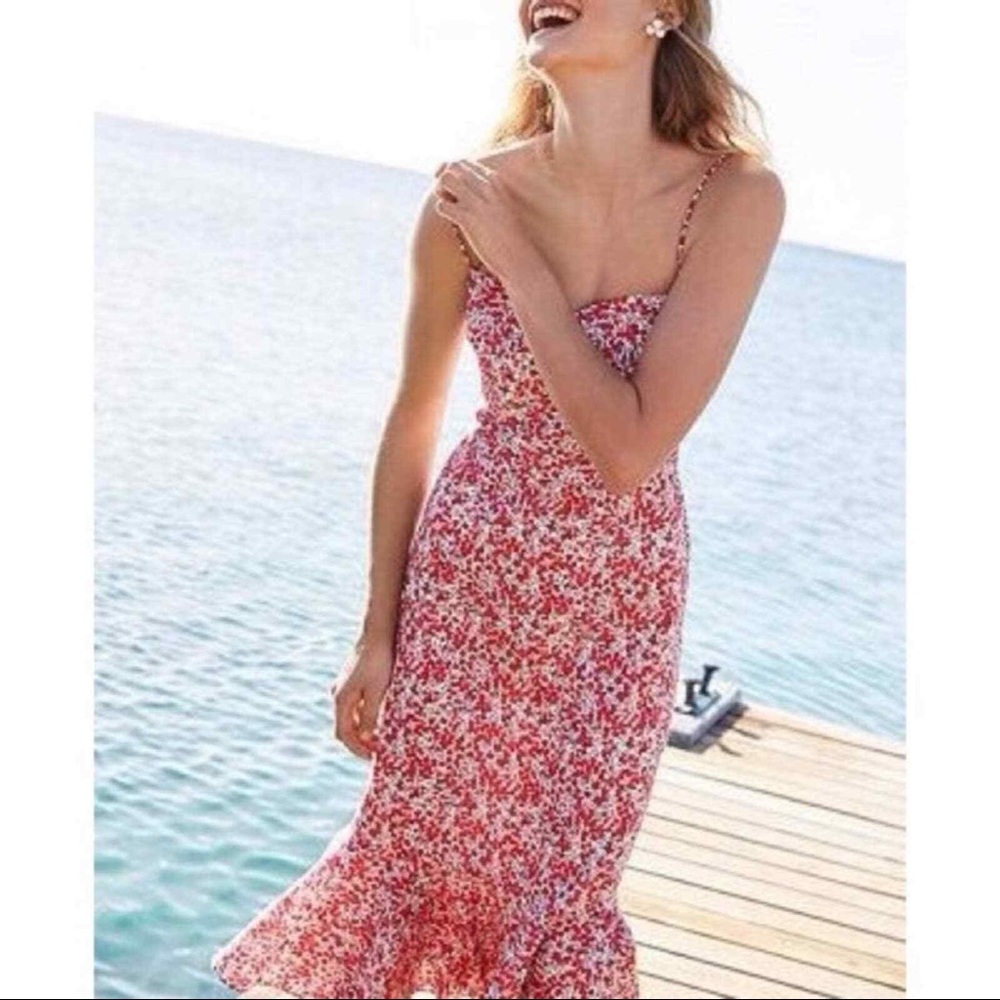 J Crew ruffle hem midi dress.